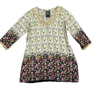 Johnny‎ Was 100% Silk Floral Tunic Top Shirt 3/4 Sleeves - Women’s Size Small
